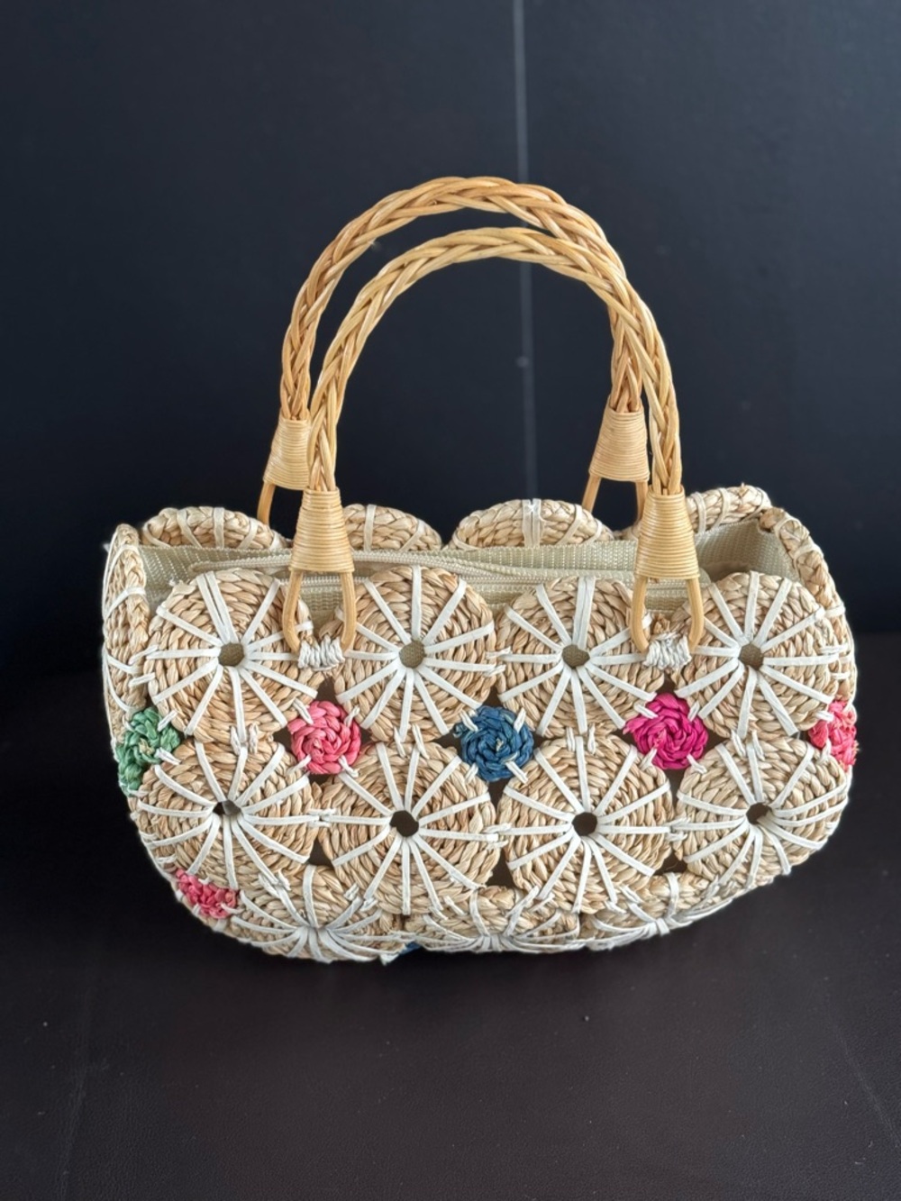 Handwoven Straw Tote with Pink, Blue & Green Floral Accents